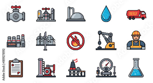 Energy and industry pixel art icons set: oil, gas, renewable, safety, and equipment