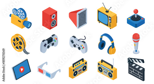 Isometric retro technology and entertainment icons set in vibrant colors