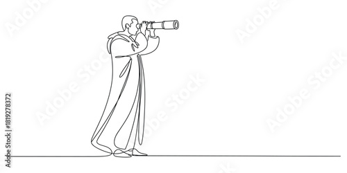 Man in robe observes future, continuous line art illustration