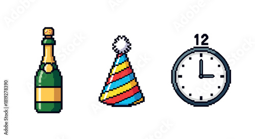 Pixel art celebration with champagne, party hat, and clock striking midnight