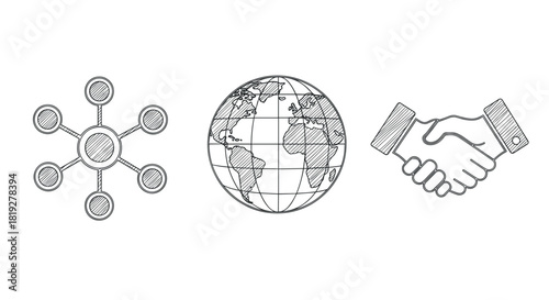 Global connections: network, world map, and partnership in linear style