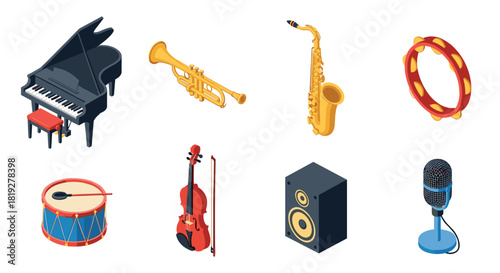 Colorful musical instruments isometric set featuring drum, piano, trumpet, and more