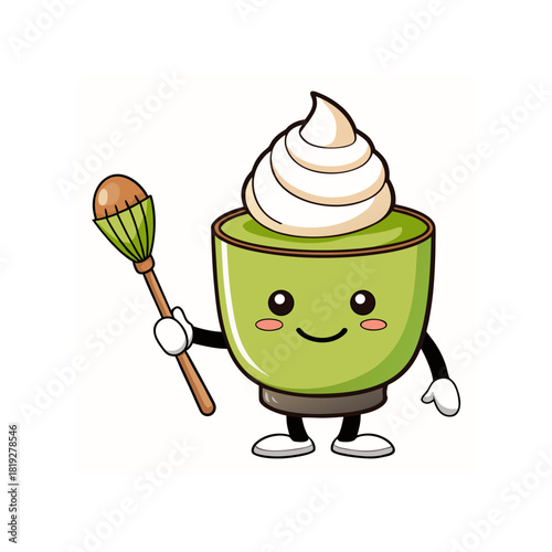 Cute matcha green tea drink character holding a whisk silhouette
