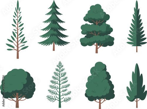 Stylized vector set of green conifer and deciduous trees, including pine, spruce, and cypress, suitable for flat nature design