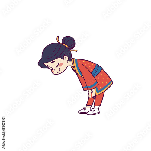 Cute cartoon girl in traditional japanese attire bowing respectfully silhouette