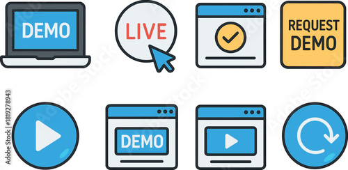 Online demo icons set with play, live, request, and refresh features in gradient style