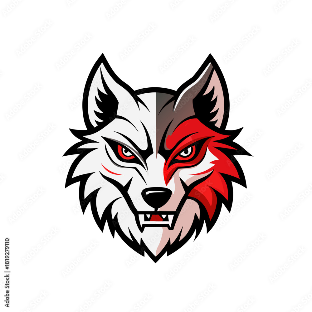 Fototapeta premium Fierce wolf head with red and white markings silhouette