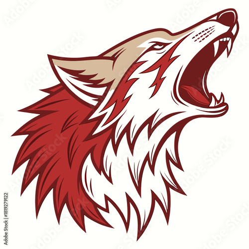 Fierce red wolf head howling with sharp teeth and mane silhouette