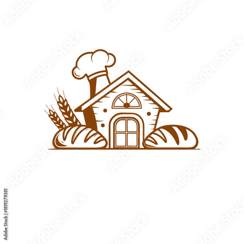 Charming bakery building with bread and wheat silhouette
