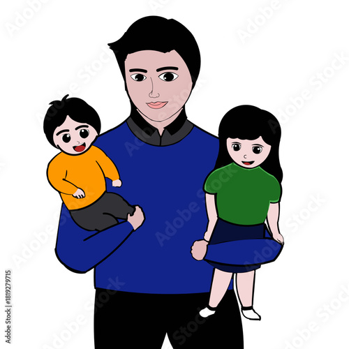 The handsome father hugged his children affectionately.