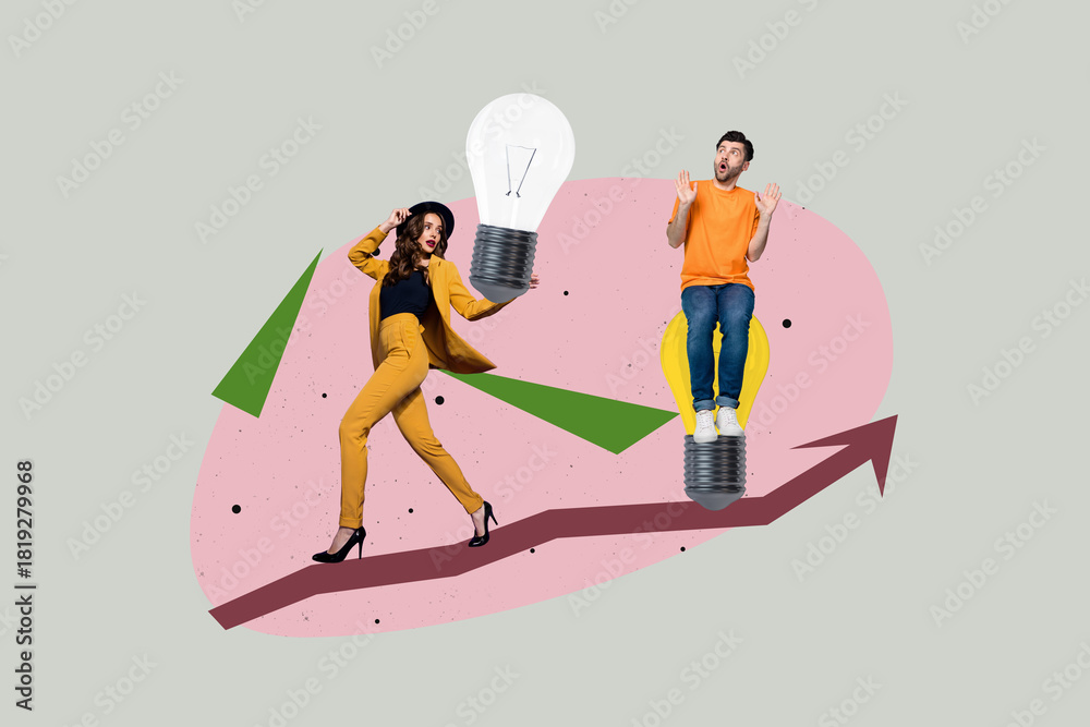 Fototapeta premium Exclusive artwork collage of happy businessman businesswoman stand arrow light bulb idea developing blackout progress goal