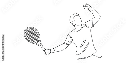 Tennis player celebrating victory with racket one line drawing