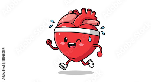 Cartoon heart character jogging with headband conveying fitness and healthy lifestyle messages