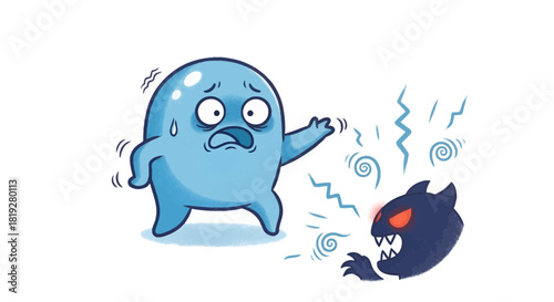 Cartoon illustration depicting a blue character fleeing from a menacing dark entity