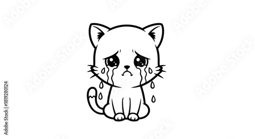 Cartoon illustration featuring a crying kitten with large teardrops of a monochrome character