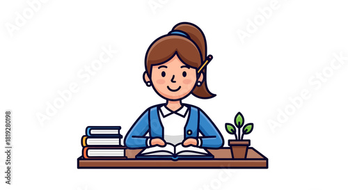 Cartoon illustration of a smiling girl studying with books and a potted plant