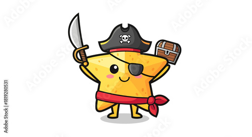 Cartoon yellow star character with pirate costume holding sword and treasure chest illustration