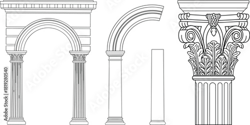 PrintArchitectural sketch, classical column, Corinthian capital, arch design, line drawing, historical structure, antique detail, vector illustration, ancient architecture, ornamental element