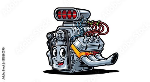 Cartoonish hot rod engine character design with a smiling face and fiery details