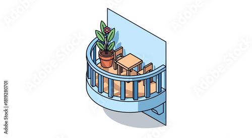 Charming balcony isometric view, perfect for relaxation and contemplation in serene urban landscape