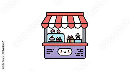 Charming cartoon dessert shop with cupcakes and gifts in vibrant colors on white backdrop