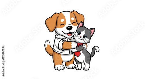 Charming cartoon featuring a friendly dog and a playful cat embracing in a heartwarming pose