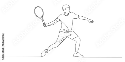 Single continuous line art drawing of a dynamic tennis player
