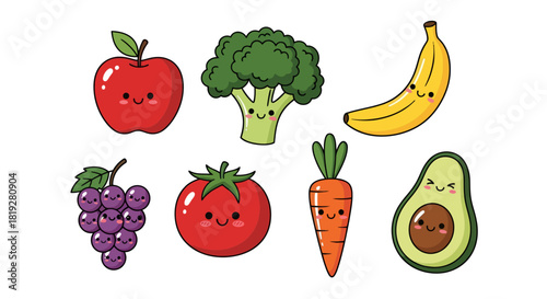 Charming Fruits and Vegetables Delightfully Illustrated with Smiling Faces and Bold Outlines
