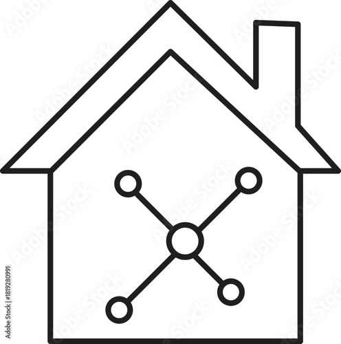 Smart Home Integration: A clean, minimalistic outline depicts a house interconnected with technology, symbolizing smart home automation and network connectivity. 
