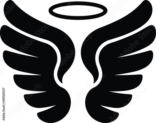 Black Angel Wings with Halo Graphic white