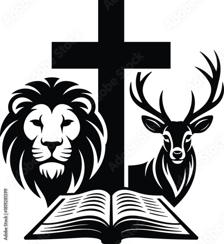 Black Christian cross with lion and deer heads and open book