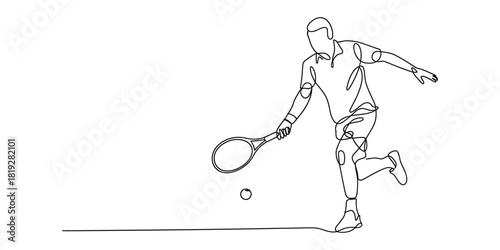 Continuous line art of a tennis player in action hitting a ball