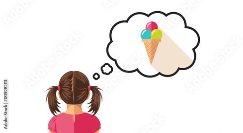 A girl with two pigtails, seen from behind, looks up at a thought bubble depicting a waffle ice cream cone with three scoops (pink, blue, and green) in a flat style, for children's food blogs, summer 