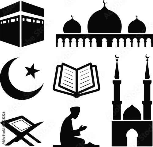 Islamic symbols and mosque architecture silhouette icons