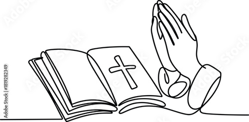 Open book with cross and praying hands line art religion