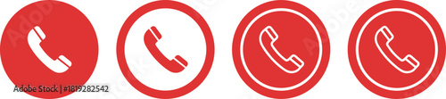 Set of red circular telephone receiver icons in solid and outline styles, representing communication, call, support, contact, and emergency symbols.