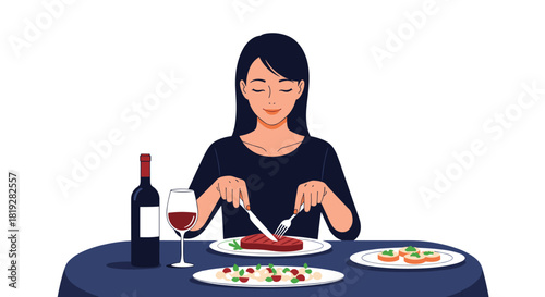 Woman enjoying a steak dinner with wine and appetizers at a restaurant table.