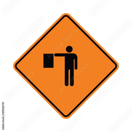 A diamond-shaped orange warning sign displays a black silhouette of a person holding a flag, indicating a flagger is present for traffic control.