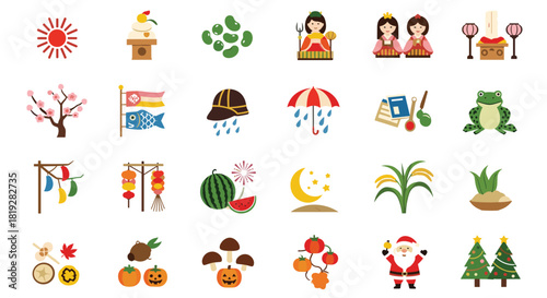 Collection of Japanese seasonal icons representing nature, holidays, and traditions.