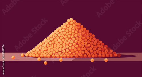 A large pile of small, orange spheres forms a triangular shape on a flat surface.