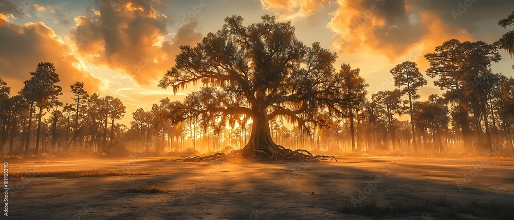 Naklejka premium A majestic oak tree stands silhouetted against a vibrant orange sunset, surrounded by mist in a serene forest. The dramatic lighting highlights its expansive roots and branches.