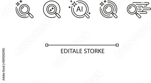 Set of outline vector icons combining AI chips and sparkle elements with common utility symbols like light bulbs, cameras, brushes, and search functions.