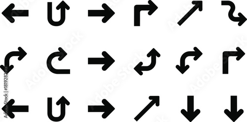 Set of vector black solid arrows showing left, right, U-turn, curved, bent, and angular direction and navigation symbols.