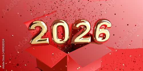Golden 2026 rising from a red box with confetti for new year