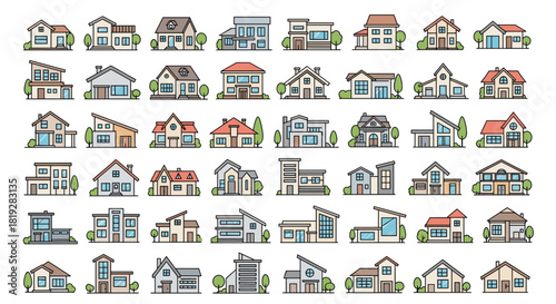 Collection of diverse house illustrations in a clean, modern pixel art style.
