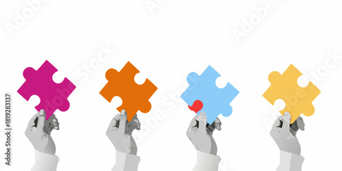 Four hands holding colorful puzzle pieces against a white background teamwork concept