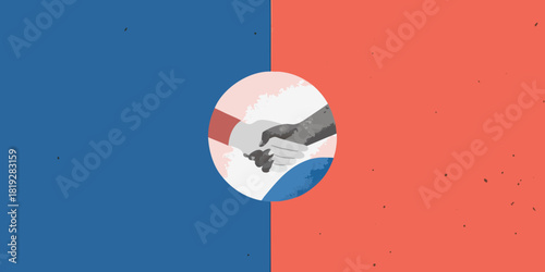 Diverse hands united in partnership against a divided background illustration
