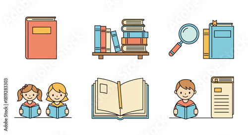 Collection of flat illustrated icons related to reading and education.