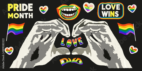 Pride month celebration with rainbow flags hearts and love wins message