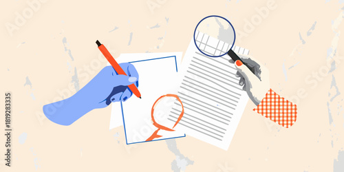 Hands examining documents with magnifying glass and making notes